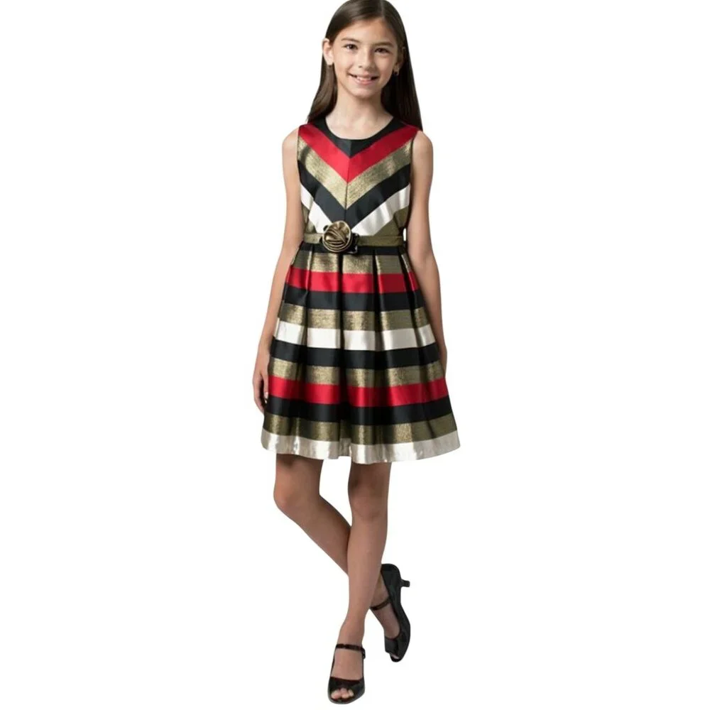 Bonnie Jean Metallic Stripe Gold Sash Bow Waist Sleeveless Party Dress Size 8 - Picture 1 of 11